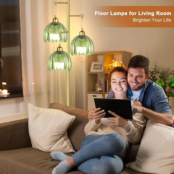 Vintage Floor Lamps for Living Room-3 Light Gold Floor Lamp with Three Bulbs & Glass Lampshape,Glass Mid Century Modern Standing Lamp Tree Tall Flower Floor Lamp for Bedroom Living Room,Corner