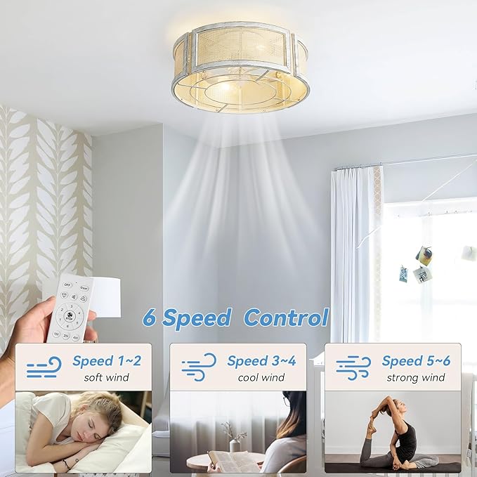 20" Boho Ceiling Fans with Lights, Rattan Flush Mount Ceiling Fan with Light Remote Control with Caged 6 Speeds for Bedroom, Nursery, Living Room (White)