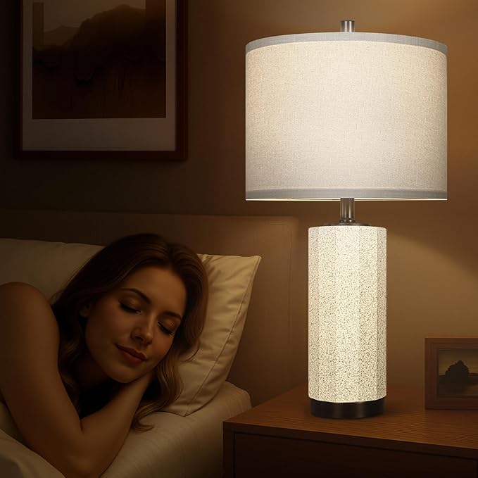 Scenekoy 23” Table Lamp Set of 2 for Bedroom Living Room, Rotary Switch Ceramic Bedside Lamp with White Linen Shade, Dimmable Nightstand Lamps for Room Office Hotel Dorm (Bulb Included)