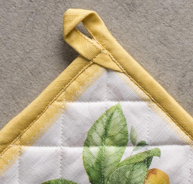Maison d' Hermine Pot Holders Set 100% Cotton Heat Resistant Potholders 8" x 8" Hot Pads with Loop BBQ, Cooking, Baking, Grilling, Kitchen, Handling Hot Pans Spring/Summer (Pack of 2, Limoncello)