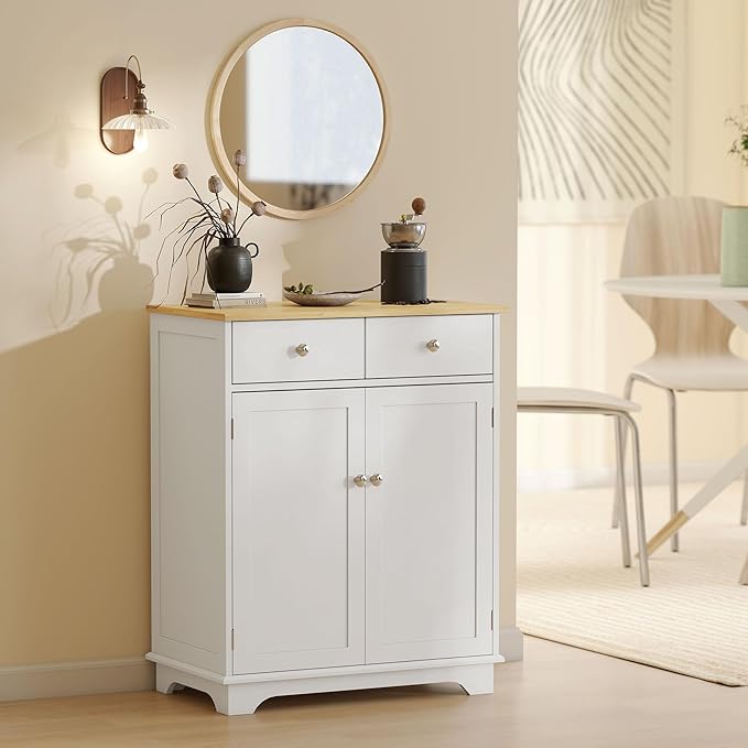 HOMCOM Sideboard Buffet Cabinet with Solid Wood Countertop, Modern Kitchen Storage Cabinet, Coffee Bar Cabinet with 2 Drawers, Doors and Adjustable Shelf, White