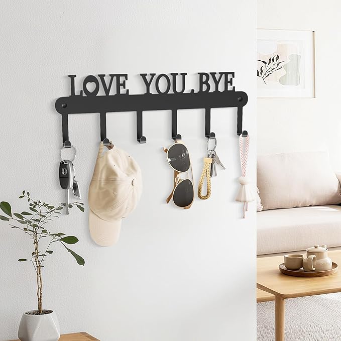 Key Holder for Wall - 'Love You Bye' Key Hooks,Key Holder Wall Mount Self Adhesive, Key Rack Wall Mount for Wall No Drill for Living Room, Kitchen, Bathroom, Garage (Black, 6 Hooks)