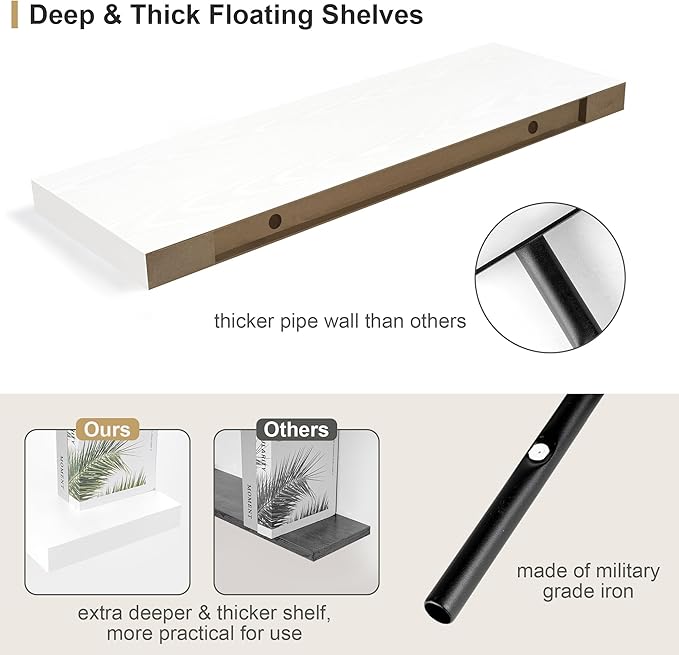 Heimlove 12" Deep White Floating Shelves for Wall, 24 Inch Wall Shelf Bathroom Shelves Set of 1, Mounted Shelves for Books Living Room Laundry Room Bedroom Kitchen Home Office