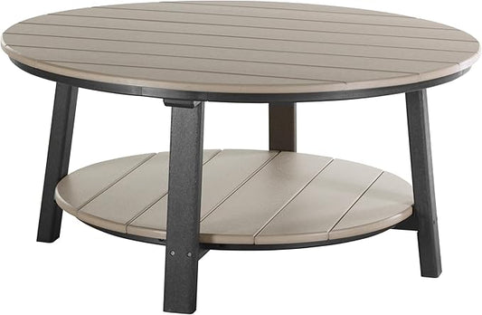 LuxCraft Deluxe Poly Round Outdoor Coffee Table, Two Tier Coffee Table, Round Conversation Tables for Outside Patio with Lower Shelf - Amish Made in USA (Weatherwood & Black)