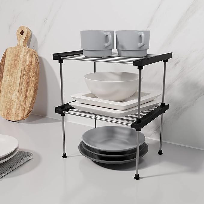 carrotez Cabinet Organizer Shelf, Set of 2 Stackable Kitchen Counter Shelves, Kitchen Cabinet Organizers and Storage, Pantry Storage Shelf Organizer, 9.8 x 7.8 x 6.1 - Black