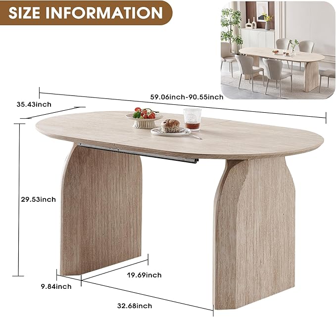 59"-90.5" Extendable Dining Table,Large Wood Dining Room Table with Slatted Pedestal Base,Rustic Oval Dining Table with Dual Pedestal Base(Easy to Assemble)