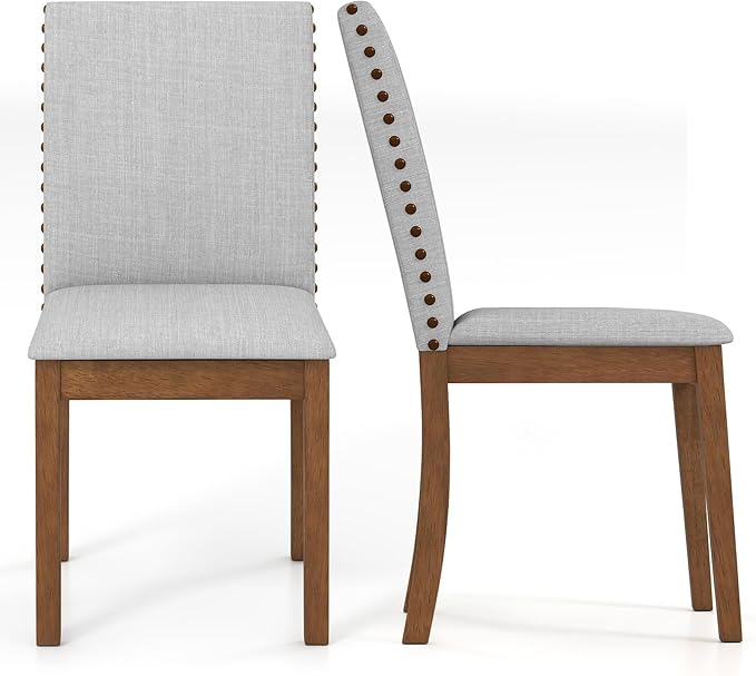 Giantex Upholstered Dining Chairs Set of 2, Kitchen Chair w/Nailhead Trim, Rubber Wood Legs, Padded Seat, Mid Century Armless Side Chair, Comfy Accent Parson Chairs for Restaurant, Living Room