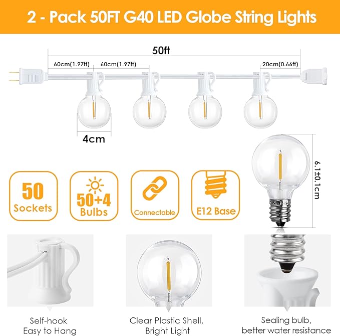 Mlambert 100Ft(2x50Ft) Outdoor String Lights, G40 Globe Patio Lights with 50+4 Waterproof Hanging LED Bulbs for Party Cafe Camping Outside-White Wire