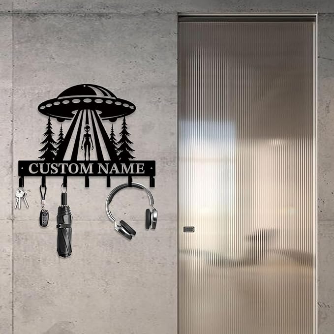 Personalized Custom Alien ET Metal Wall Keys Hooks,Clothes Hooks Alien ET Art coat racks,door holder,Black Alien ET decorations for home,Entrance doors,Hallway, Bedroom,Keys,Hats (Style I)