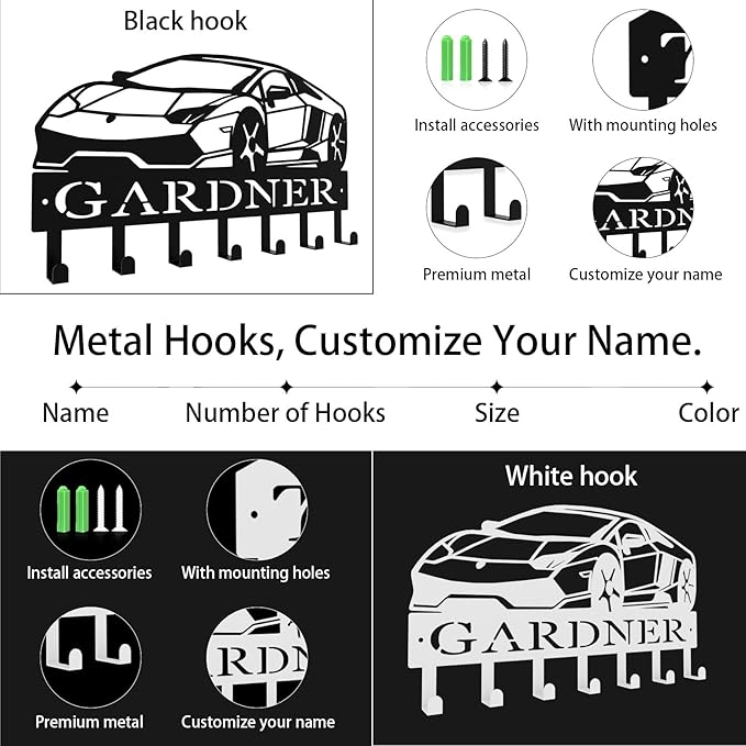 Personalized Key Hooks for Wall,Custom Name Black Car Key Holder Wall Mounted,Fashion Coat Rack,Metal Key Hanger with Hooks,Key Rack Organizer for Entryway,Hallway,Doorway