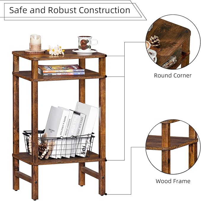 28in Tall Side Table Set of 2, 3-Tier Small Narrow End Table for Couch, Skinny Nightstand for Small Space, Farmhouse Slim Night Stand with Storage, Wooden Frame Thin Bedside Table, Brown