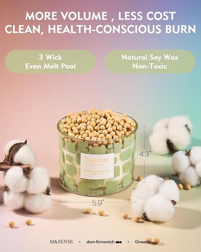 M&SENSE Misty Forest Scented Candle,11.6oz Natural Soy Wax Non Toxic, 3 Wick Jar Candle, Up to 60 Hours Burn time, Home Decor Housewarming Gift for Women and Men