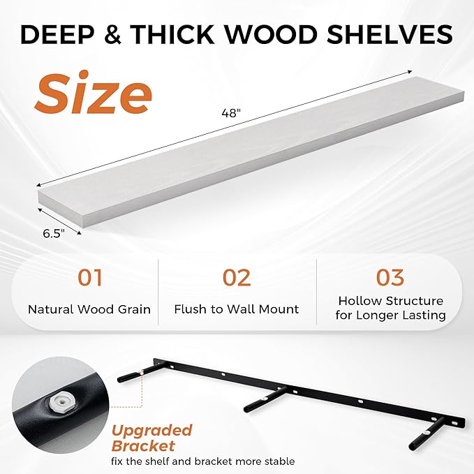 Fun Memories White Floating Shelves for Wall, 48 Inch Floating Shelves for Home Decor, Wall Mounted Rustic Wood Shelves, Bathroom, Hanging Deep Shelf for Bedroom, Living Room, Kitchen, 2 Packs