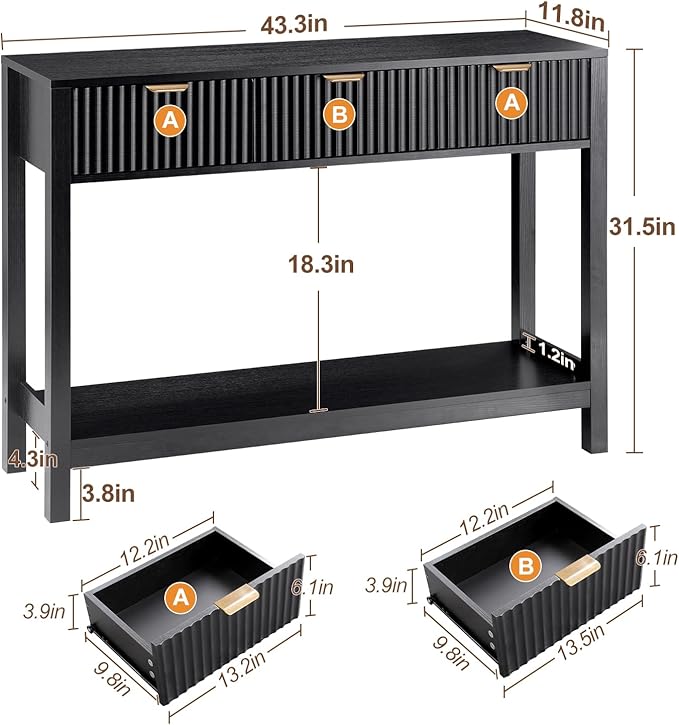Fluted Console Table, Wooden Sofa Table with Storage and Drawers, Farmhouse Behind Couch Table Entryway Table for Entrance, Hallway, Living Room, Black