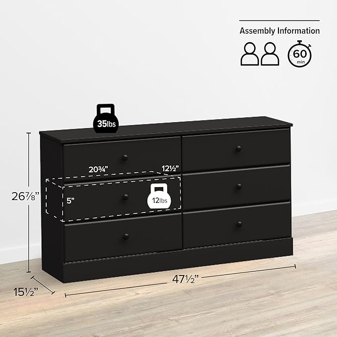 Prepac Astrid 6 Drawer Double Dresser for Bedroom, Wide Chest of Drawers, Bedroom Furniture, Clothes Storage and Organizer, 15.5" D x 47.5" W x 26.85" H, Black