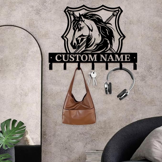 Custom Horse Key Hook - Personalized Forged Iron Wall Keys Holder with Equestrian Design, Black Metal Home Decor for Horse Theme Lovers (Style E)