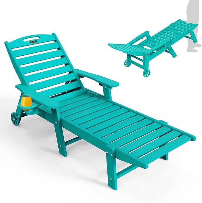 Lounge Chair Outdoor, Oversized Chaise Lounge Chair with 5 Positions, HDPE, Patio Lounge Chair with Wheels & Cup Holder for Pool, Deck, Poolside, Lake Blue