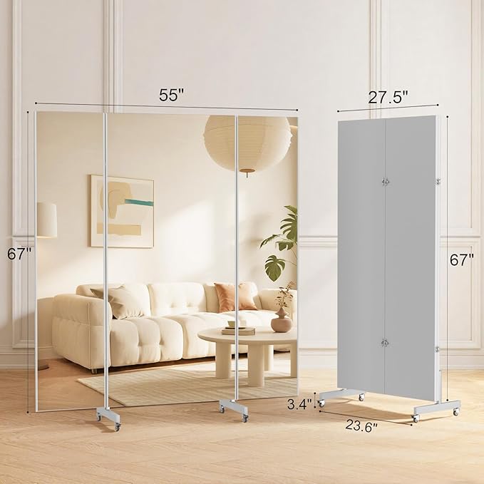 brisafe 67"x55" Folding Mirror with Wheels, 3-Panel Full Length Wall Mirror, Space-Saving Design, Shatterproof Nano Material, Portable Floor Mirror for Gym, Dance Studio, Home, Commercial Use, White