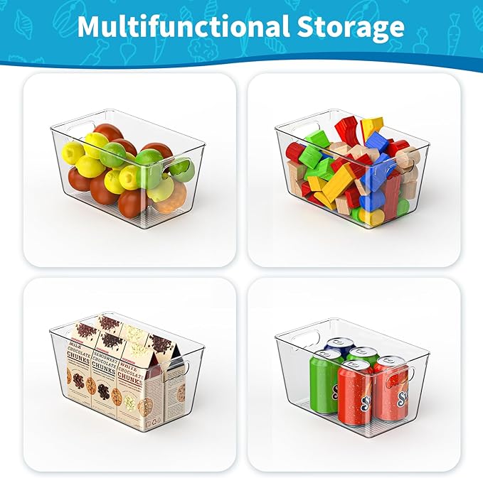 Clear Pantry Organizer Bins, Storage Containers & Plastic Containers with Handle, Cabinet Organizer, Home Organization Must Haves for Kitchen, Laundry Room, Office, Closet & Freezer (6 Pack)