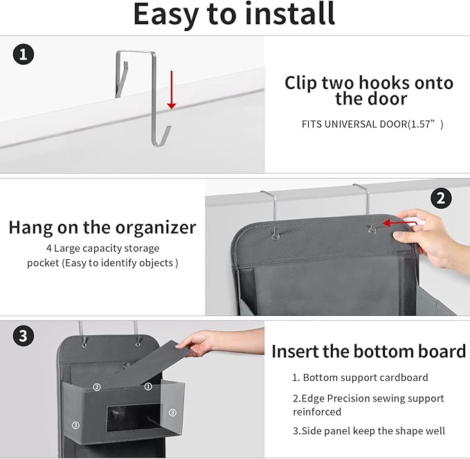 MAX Houser 4-Shelf Over The Door Hanging Organizer with 2 Metal Hooks,4 Pocket Over The Door Wall Mount Storage with Clear Windows for Baby Nursery Bathroom Closet,Bedroom,Dorm,Diapers,Kids Toys(Gray)