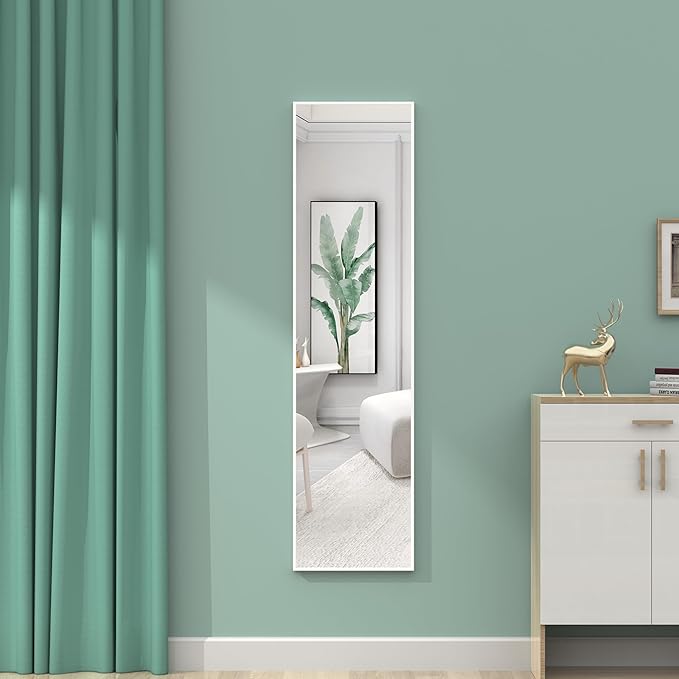 ANYHI Over The Door Mirror, 47" x 12" White Door Mirror Full Lenth, 2 Hooks, Door Mount or Wall Mount, for Bedroom, Living Room, Bathroom