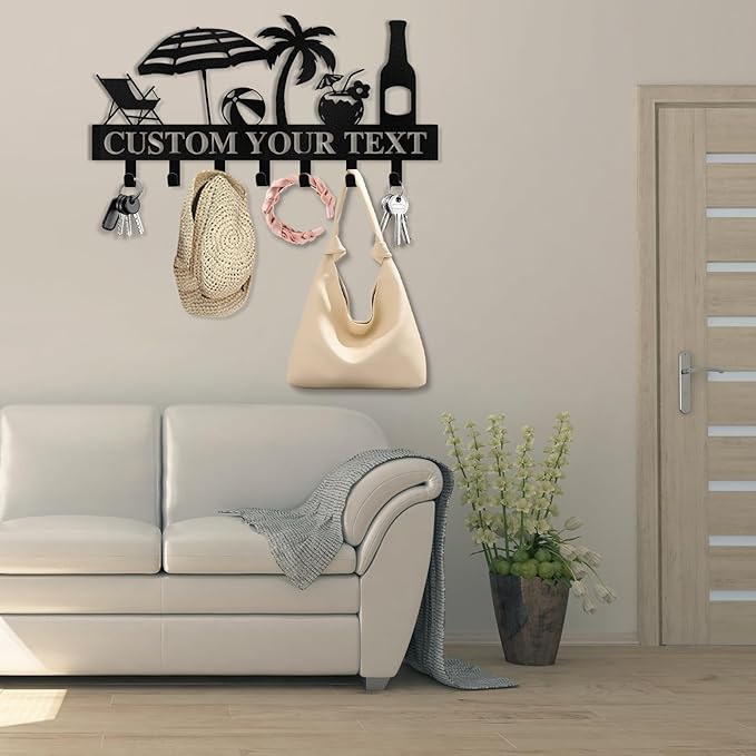 Personalized Key Holder for Wall - Beach Theme Key Holder Wall Mounted, Metal Coat Rack Hook Organizer, Key Rack Wall Hanging for Living Room, Bathroom, Entryway, Home Decor Housewarming Gifts