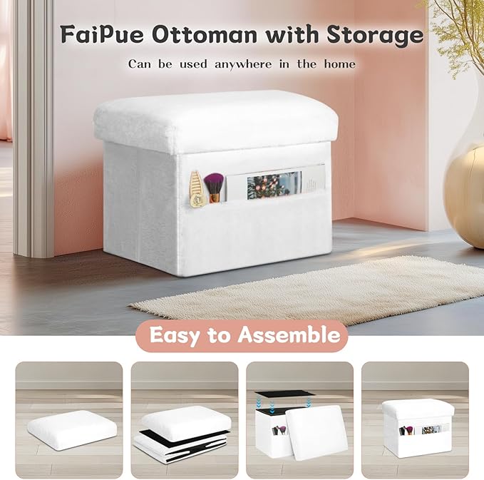 Storage Ottoman Cube, Small Ottoman with Storage with Thicker Furry Padded Seat. Folding Soft Fur Foot Rest Stool for Living Room Bedroom, Holds Up to 300 lbs, 17x13x13IN (White)