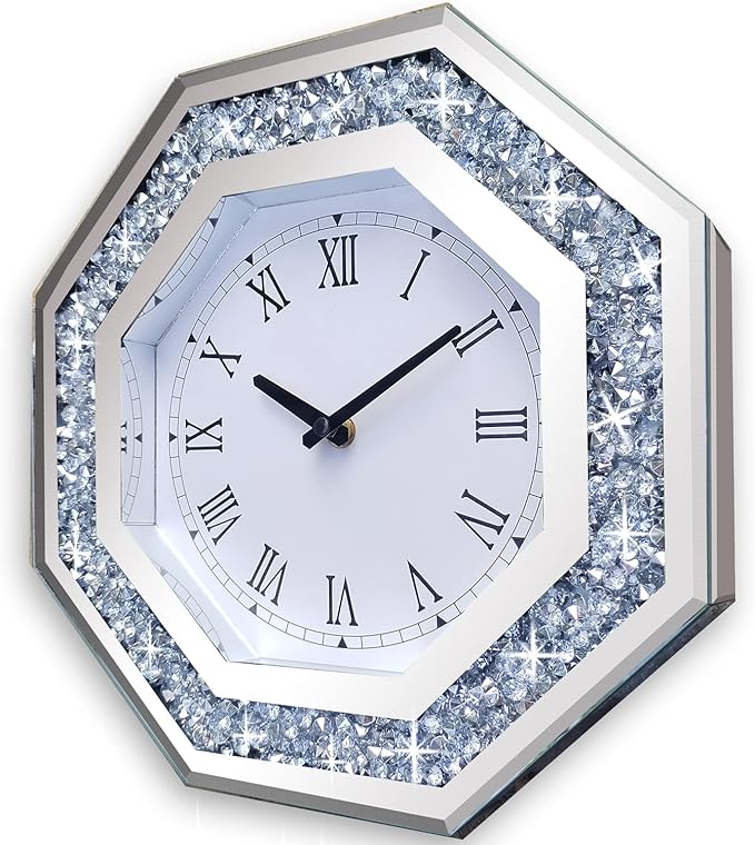 Wall Clock, Octagon Mirror Glass Clock, Cute Diamond 20-inch Non-Ticking Clock for Wall Décor, Perfect Home Decor for Bedroom, Bathroom Motif, Dining Room(Excluding Batteries.)