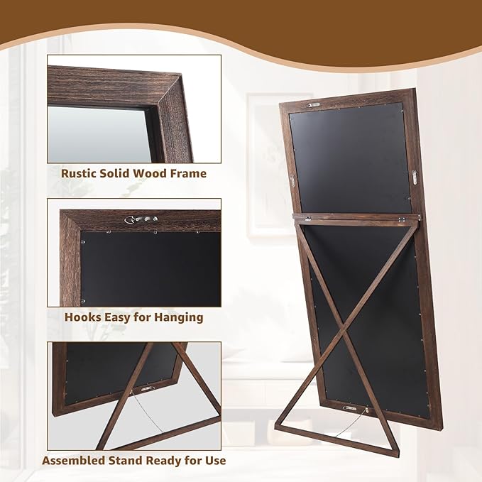 MELOMOIR 71"x32" Rustic Farmhouse Full Length Mirror with Wood Frame, Free Standing Leaning or Hanging, Suitable for Bedroom Living Room Home Gym Cloakroom, Charcoal-Grilled Brown