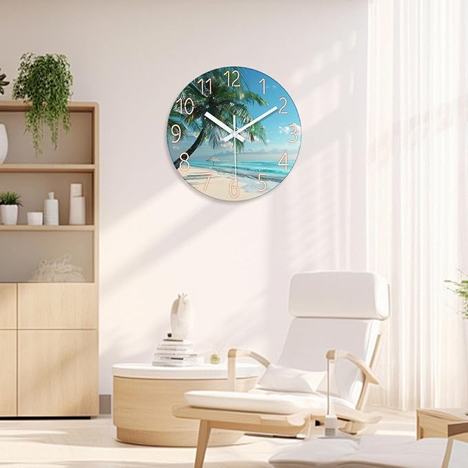 XFM Large Beach Wall Clock Silent Non-Ticking Battery Operated Clocks 24 Inch Blue Ocean Tropical Palm Tree Wall Clock Decorative for Living Room Kitchen Bedroom Office