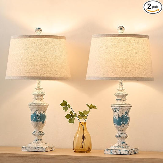23" Farmhouse Table Lamps Set of 2, 3 Way Dimmable Lamps with 2 LED Bulbs and Rocker Switch, Vintage Nightstand Lamp for Bedroom Living Room Office End Table Entryway, Washed Blue