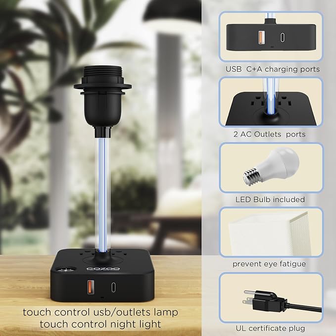 COZOO 3 Way Dimmable Touch Bedside Table Lamp with 2 USB Charging Ports 2 Outlets Power Strip,Black Charger Base White Fabric Shade,LED Desk Night Light for Bedroom/Nightstand/Living Room/College Dorm