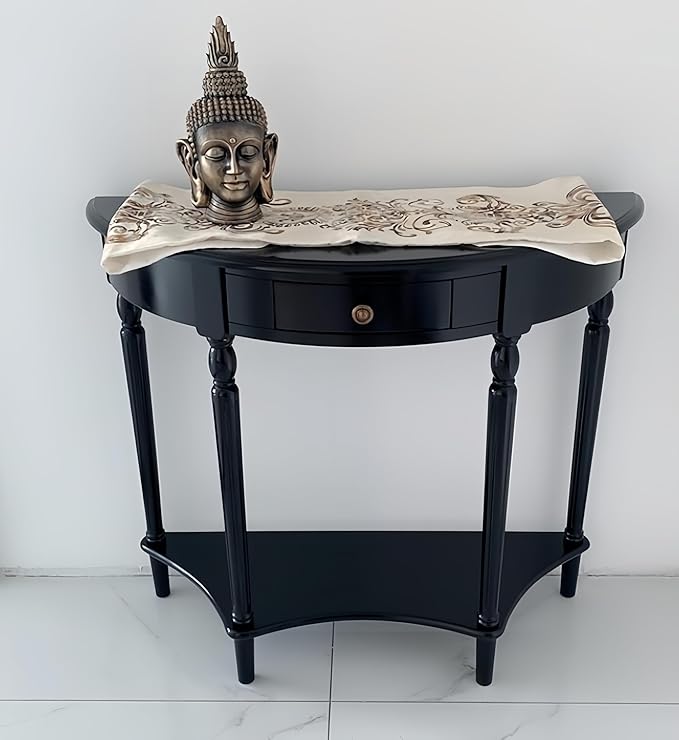 Solid Wood Console Table with Drawer, Semi-Circle Entryway Storage Shelf, Half-Moon Porch Table Side Elegant Vintage Sofa for Living Room (Black (31.5" L x 13.8" W x 31.5" H))