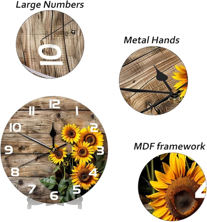 Retro Wooden Sunflower Wall Clock Battery Operated 10 in Round Wall Clocks Slilent Non Ticking Quartz Analog Clock for Bedroom Kids Living Room Classroom Decor