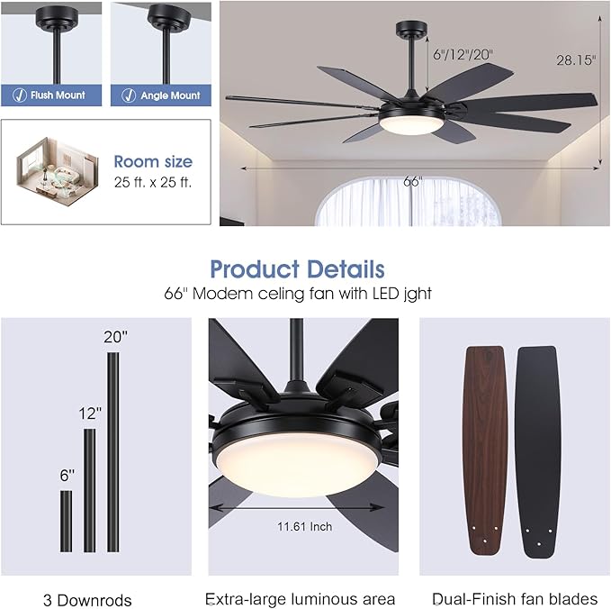 66 Inch Ceiling Fans with Lights and Remote,Black Large Ceiling Fan with Reversible Noiseless DC Motor, 3CCT, 6 Speeds, Modern Ceiling Fans for Living Room Patio Farmhouse