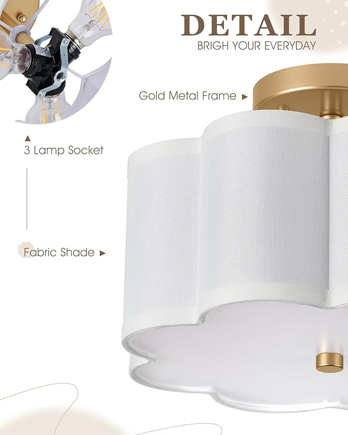 Gold Semi Flush Mount Ceiling Light, 3-Light 12.5" Ceiling Lighting Fixtures with Fabric Shade in Flower Shape, Farmhouse Brass Drum Lights for Nursery Hallway Bedroom, AD-22007-3SF-GD