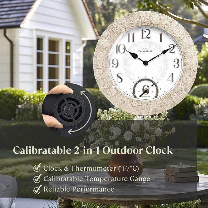 Presentime & Co 14" Illuminated in/Outdoor Clock with Smart Sensor and Night Light, Waterproof, Large Wall Clock with Thermometer & Hygrometer, for Garden and Patio - Coastal Sandstone Finish.