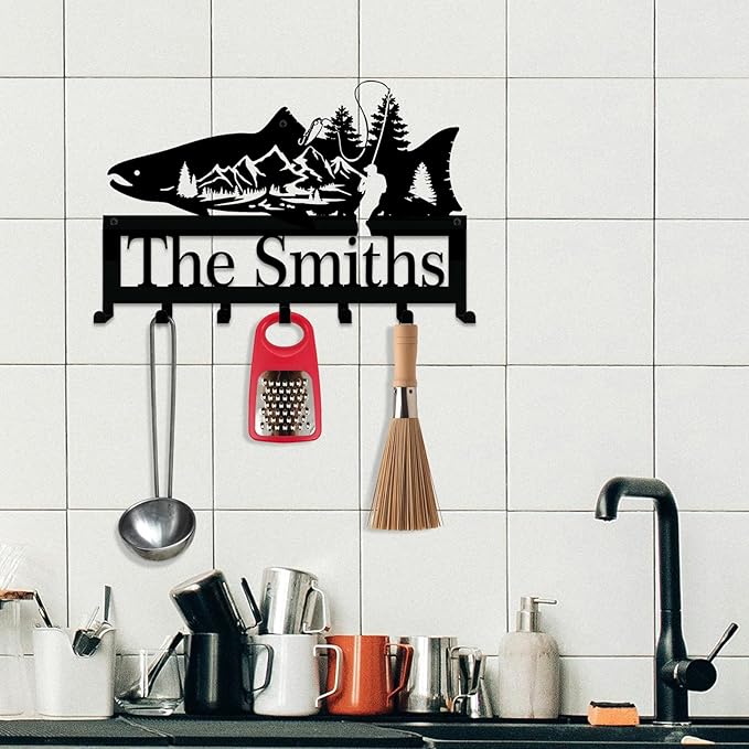 NIWAHO Salmon Fish Key Holder with Personalized Name - Custom Metal Wall Mounted Hook Rack for Entryway, Kitchen, Rustic Cabin Decor
