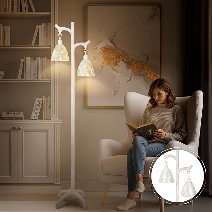 68" Washed White Rustic Floor Lamp with Soft Pearl Shell Lamp Shade for Living Room, Standing Lamp for Bedroom, Farmhouse Floor Lamp Stepless Dimmable Tree Trunk Tall Lamp for Bedroom (Bulb Included)