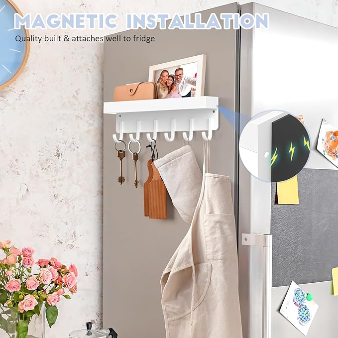 kuaima Magnetic Key Holder, Small Wall Mount Key Rack with Shelf for Fridge, 6 Metal Hooks, 9.65 Inch, 2 Installation Options, White