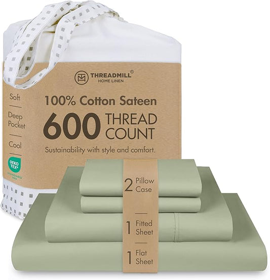 Threadmill 100% Cotton Sheets for Full Size Bed - 600 Thread Count Full Bed Sheets Set with 16” Deep Pocket - Sateen Weave 4-Piece Bedding Set with Cooling Effect, Sage Green