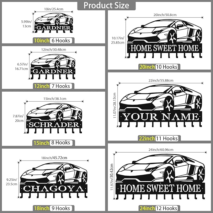 Personalized Key Hooks for Wall,Custom Name Black Car Key Holder Wall Mounted,Fashion Coat Rack,Metal Key Hanger with Hooks,Key Rack Organizer for Entryway,Hallway,Doorway