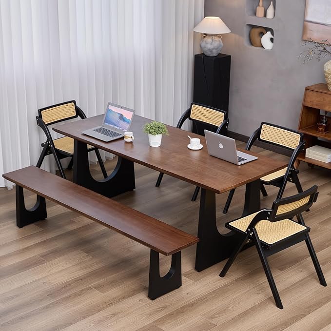 Walnut Color Long Bench Solid Wood Top Metal Legs U-Shaped Design Durable Sturdy Dining Bench Ideal for Office Home Restaurant Patio Multiple (Bench, 55.12in)