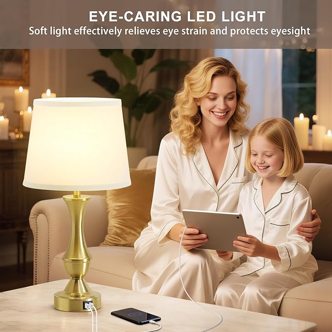 Luvkczc 22" Gold Table Lamps Set of 2 - Modern Luxury Bedside Lamps with White Fabric Shade, Dimmable & Dual USB C+A Ports, Nightstand Lamps for Bedroom/Living Room (Bulb Included)