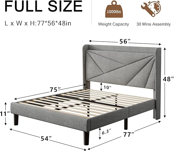 Full Size Upholstered Bed Frame with Charging Station, Platform Bed Frame with Storage Headboard, Solid Wood Slats Support, No Box Spring Needed, Light Gray