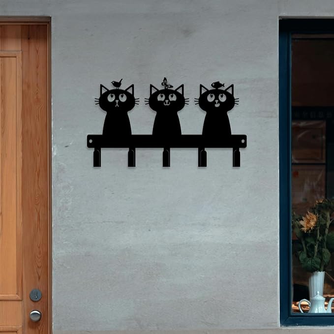 magilab Cat-Themed 10-Inch Iron Key Hooks with 5 Hooks, Black Wall Organizer - Cute Cat Design for Home Decor, No Drill & Screw-in Options (Style K)