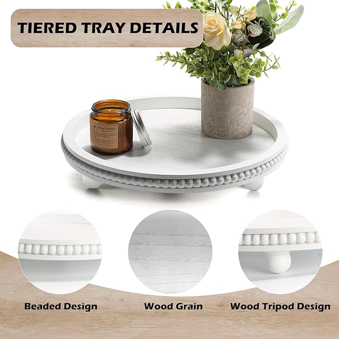 Wooden Beaded Decor Tray for Coffee Table, Rustic Wooden Trays Table Centerpieces, Decorative Trays for Home Decor Kitchen Table Farmhouse Serving Tray (Round White)