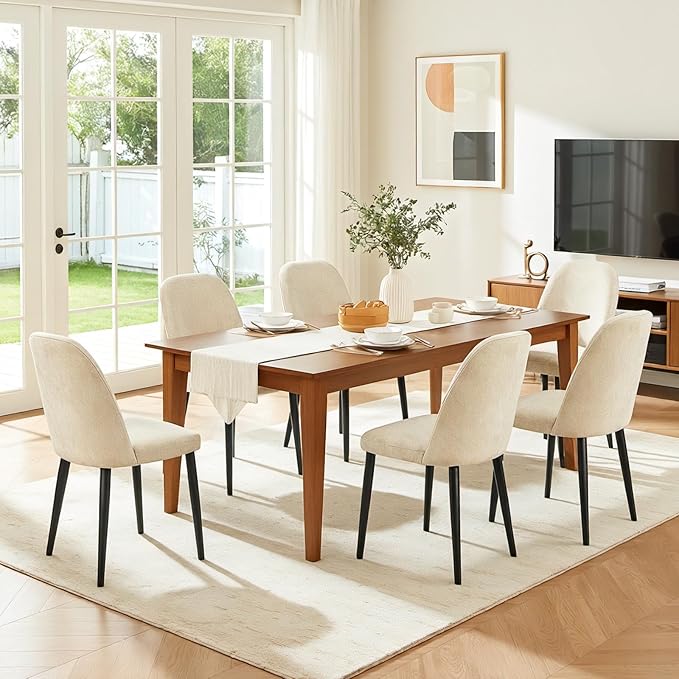 Upholstered Dining Chairs Set of 6, Mid Century Modern Fabric Dining Room Chair High-Back Padded Kitchen Chairs with Padded Seat and Metal Legs for Kitchen Dining Room Restaurant Cafe, Beige