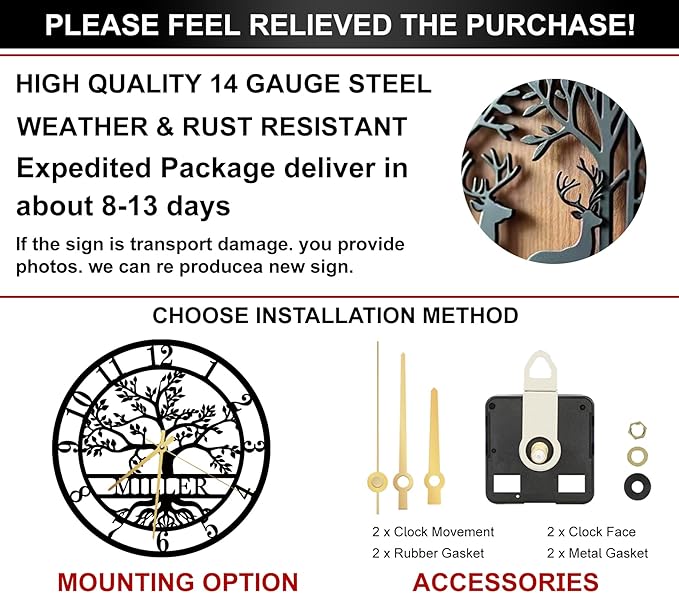 Custom Metal Tree of Life Wall Clock, Personalized Last Name Wall Decor, Silent Clock, Large Family Name Home Decor, Wall Hanging Olive Tree Sign, New Home Gift