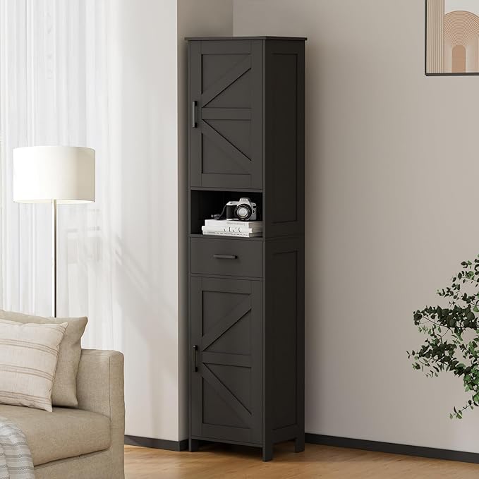 Homhedy 67" H Tall Bathroom Storage Cabinet with 2 Barn Doors and 1 Drawer, Narrow Storage Unit, Adjustable Shelves, Floor Cabinet for Bathroom, Living Room, Entryway, Kitchen, Black, (15.7" W)